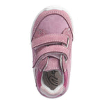 Bottine pour enfant rose pâle, imperméable, en cuir, facile à mettre, confortable, avec deux velcros pour ajuster.