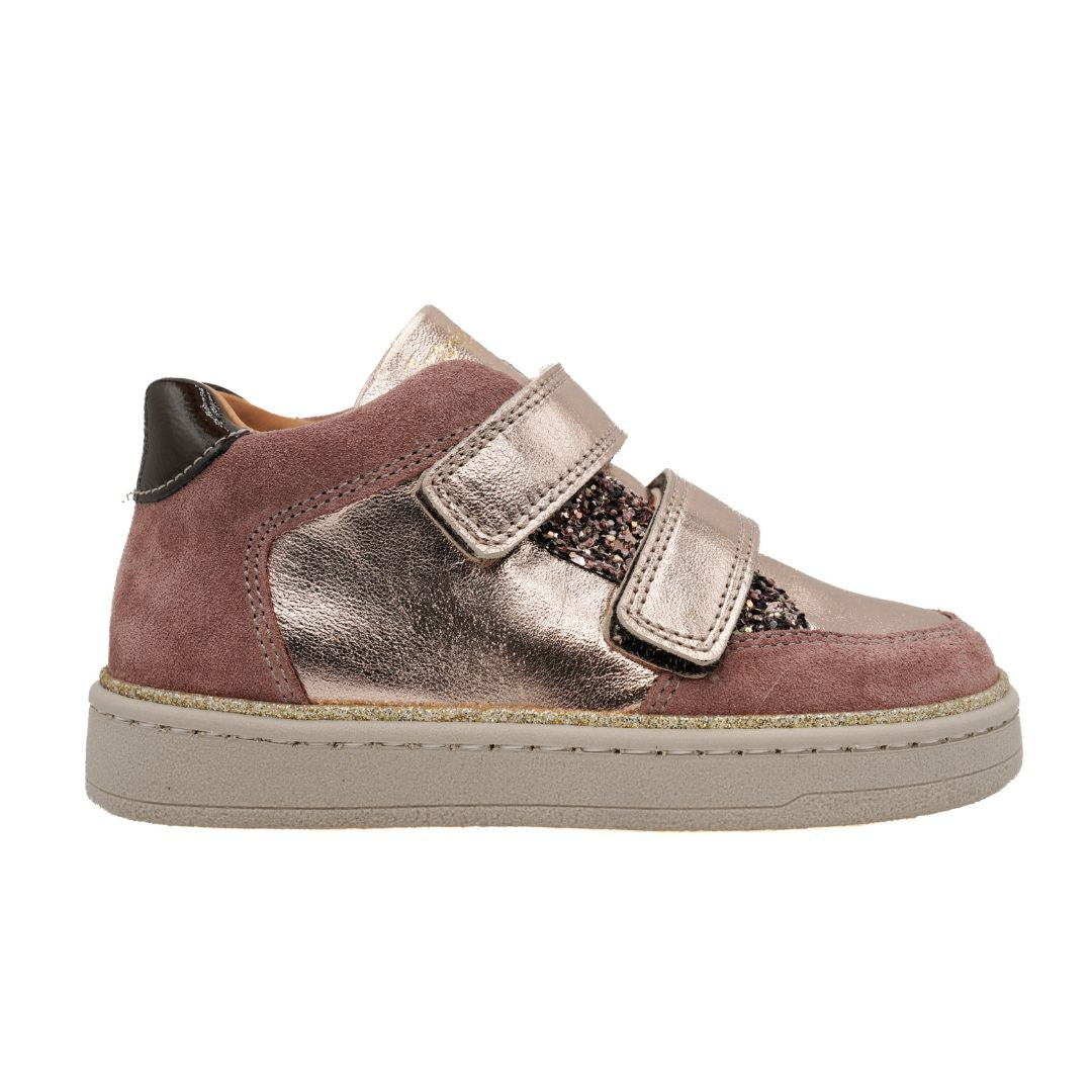 Soulier deux scratchs rose, bronze et brillant, super confortable, bon soutien, parfait pour les enfants, solide