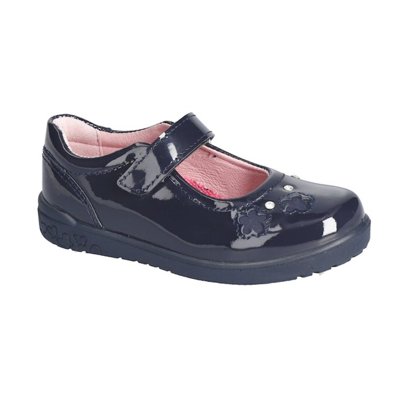 Chaussure ballerine pour enfant en cuir vernis marine et attache velcro.
