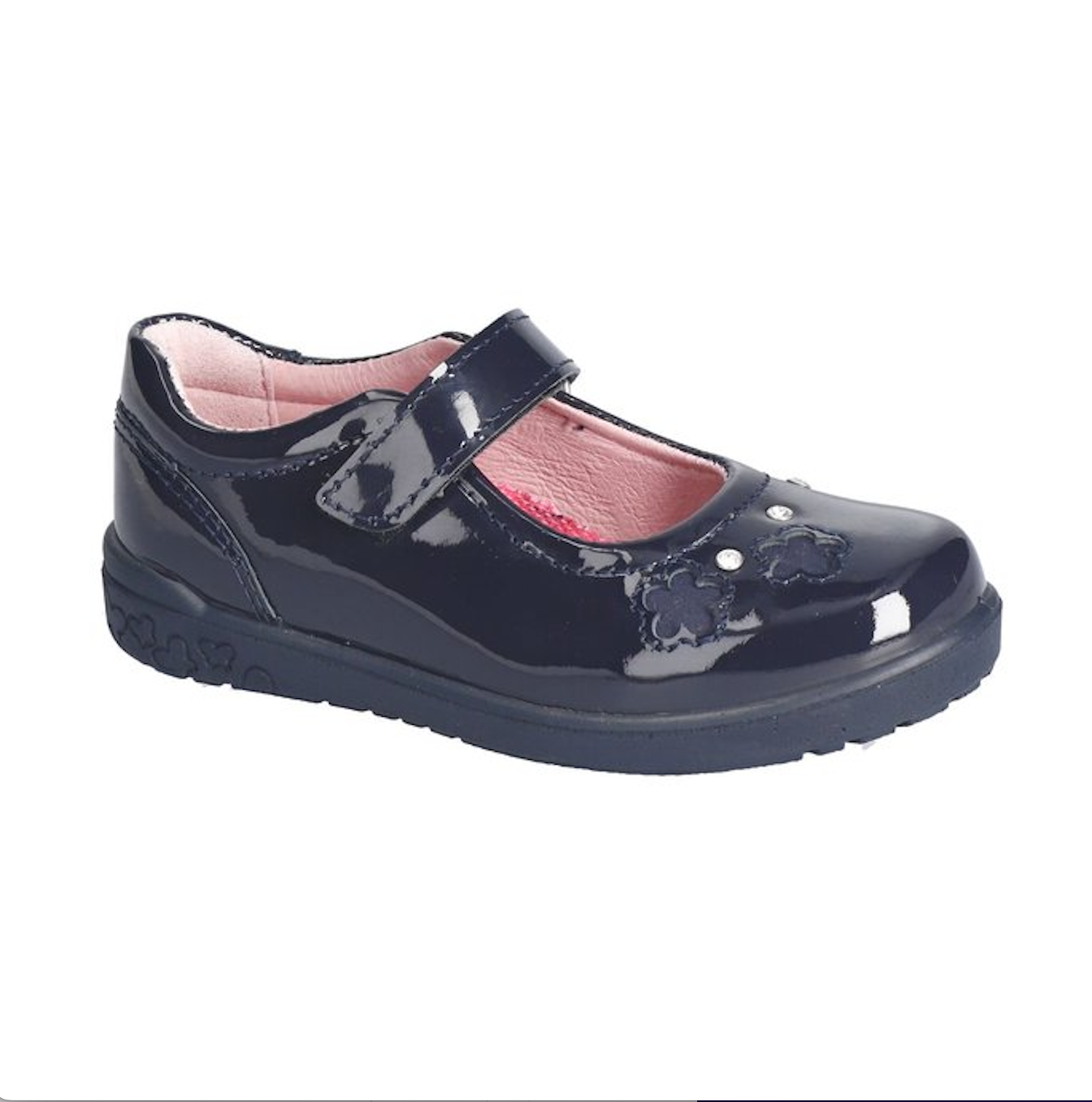 Chaussure ballerine pour enfant en cuir vernis marine et attache velcro.
