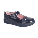 Chaussure ballerine pour enfant en cuir vernis marine et attache velcro.