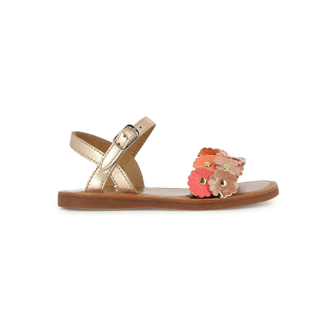Children's summer sandals with pink and gold flowers and an adjustable strap