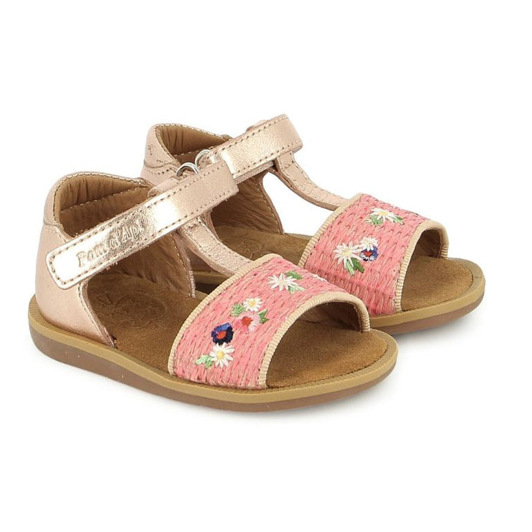Sandale dorée et rose avec fleur pour l'été