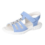 Sandale Ricosta cuir bleu avec fleurs argent, attache veclro. 