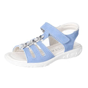 Sandale Ricosta cuir bleu avec fleurs argent, attache veclro. 