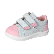 Chaussure pour enfant cuir, turquoise et rose, avec velcro. 