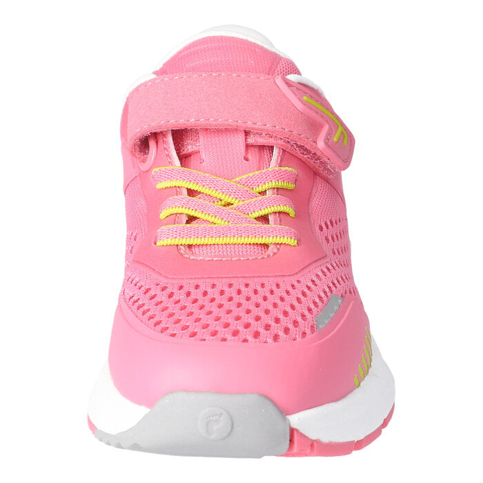 chaussure sport pour fille de couleur rose en mesh avec velcro et lacets élastiques. 
