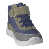 Bottine imperméable pour enfant, bleu et vert avec velcro et lacets élastiques. Durable.