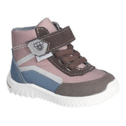 Bottine pour enfant imperméable, rose et brune, avec velcro au niveau de la cheville pour ajuster. 