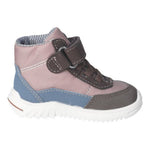 Bottine pour enfant imperméable, rose et brune, avec velcro au niveau de la cheville pour ajuster. 