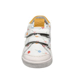 Chaussure Froddo pour enfant confortable facile à mettre avec deux velcros. Blanc avec petites fleurs colorées. 