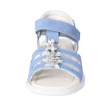 Sandale Ricosta cuir bleu avec fleurs argent. Attache veclro ouvert à l'avant. 