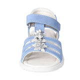Sandale Ricosta cuir bleu avec fleurs argent. Attache veclro ouvert à l'avant. 