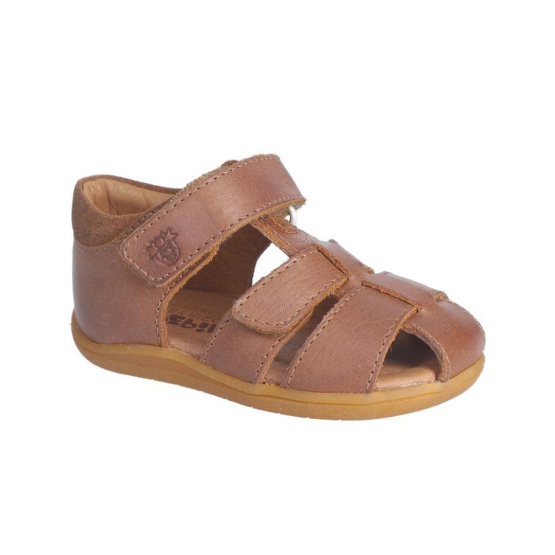 Sandale pour bébé, avec deux velcros facile à ajuster, pour l'été, en cuire de qualité, de couleur brune caramel, unisexe
