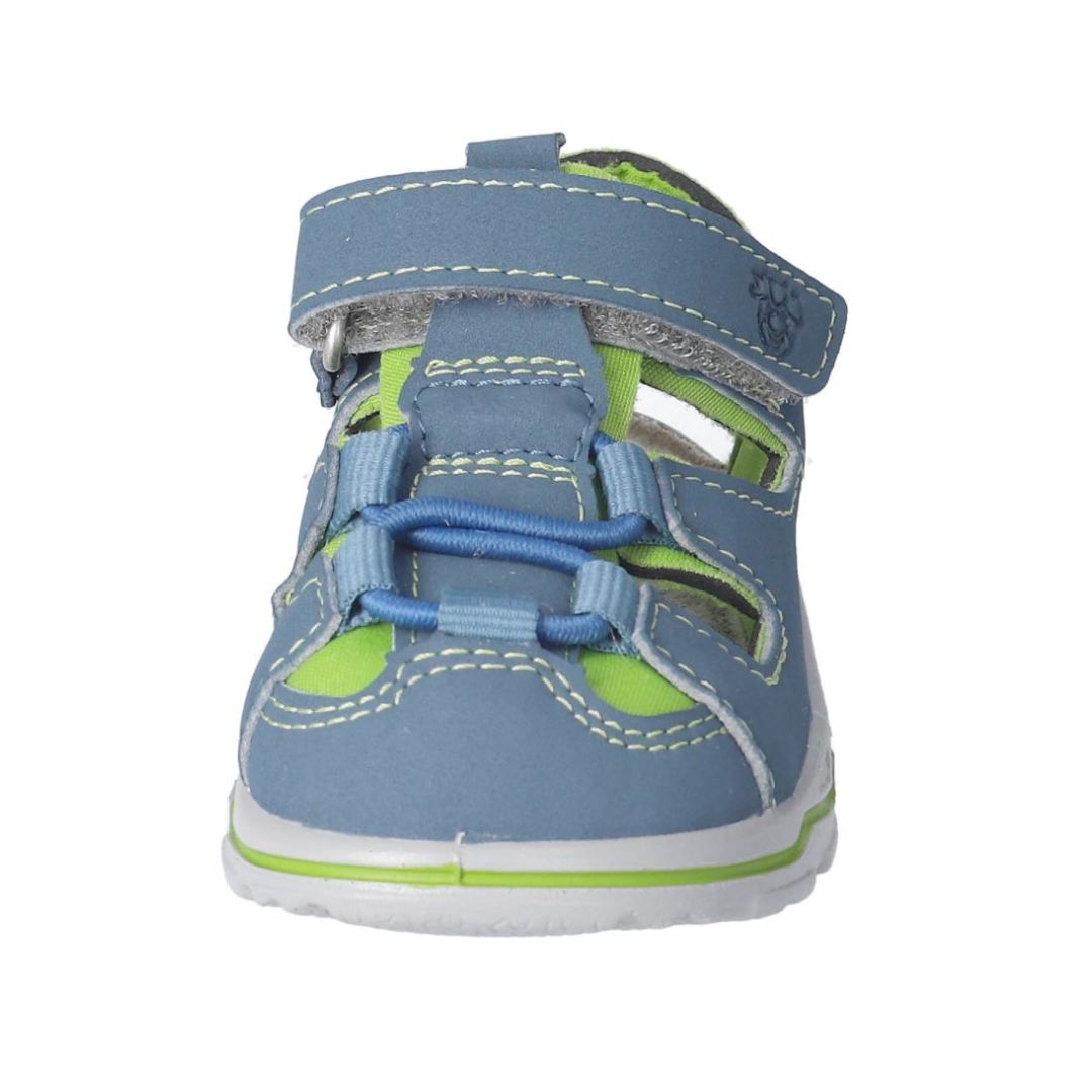 Sandale lavable pour enfant, couleur bleu clair et vert fluo. Fermée en avant. 