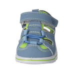Sandale lavable pour enfant, couleur bleu clair et vert fluo. Fermée en avant. 