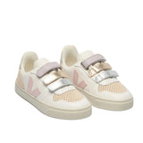 Soulier Veja avec trois scratchs de couleurs différentes mauve, bronze et bleu brillant, pour fille, fashion, confortable avec un bon support