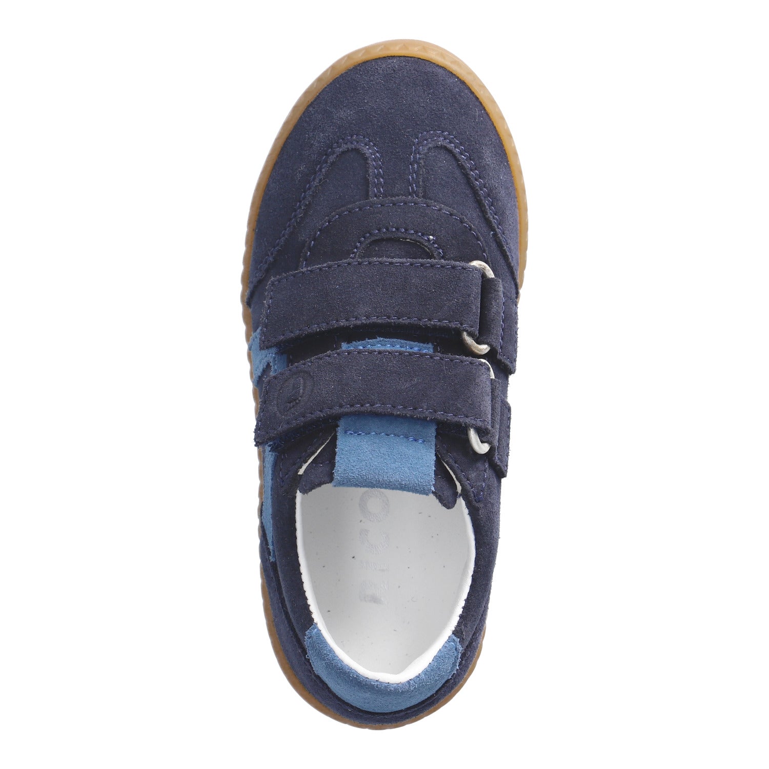 Sneaker pour enfant Ricosta en suède bleu foncé et océan avec des attaches velcros.