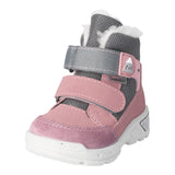 Botte d'hiver pour enfants Ricosta en bi-matière grise et rose, avec l'intérieur rembouré et des attaches velcros.