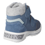 Botte d'hiver pour enfants Ricosta en bi-matière bleu et grise, avec des attaches velcros.