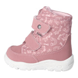 Botte d'hiver pour enfants Ricosta rose avec des illustrations blanches sur le tissu et des attaches velcros.