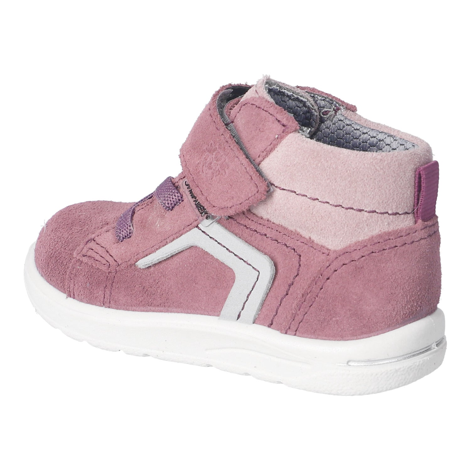 Basket montante pour enfant Ricosta rose, avec une fermeture velcro et des lacets élastiques.