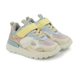 Soulier parfait pour la garderie et  l'école pour fille (Motif léopard Rose, beige, vert, bleu et jaune). Avec velcro