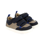 Soulier barefoot pour enfant marine et gris beige, en cuir, semelle blanche. 