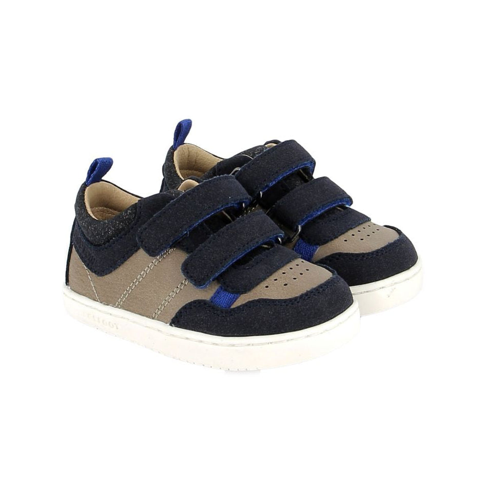 Soulier barefoot pour enfant marine et gris beige, en cuir, semelle blanche. 