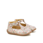 Chaussure en cuir premiera pas. couleur or avec un joli imprimé de fleurs. boucle sur le côté.