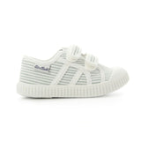 Chaussure rayée toile de couleur blanche et verte sauge avec deux velcros