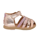 Sandale cuivre rose brillante pour l'été à velcro ajustable confortable et souple. 