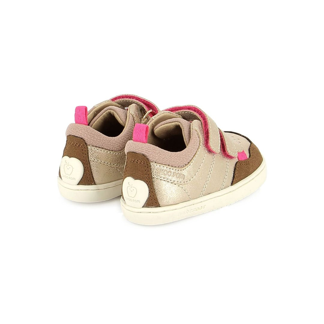 Chaussure pour enfant dorée, brun, rose, avec deux velcro,s facile à enfiler, parfait pour l'école et tous les jours. 