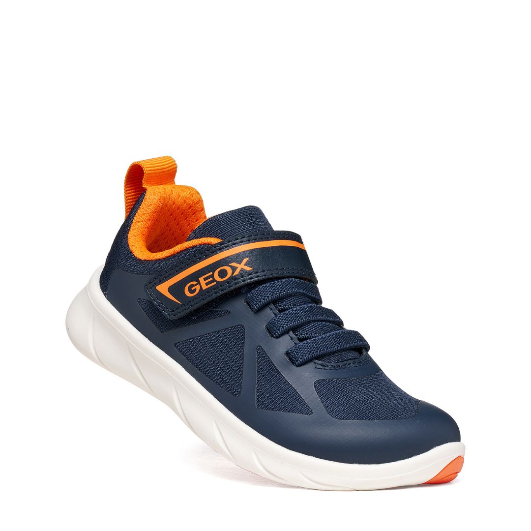 Espadrille Barefoot Geox pour garçon bleu et orange avec velcro et lacets élastiques. Semelle blanche. 