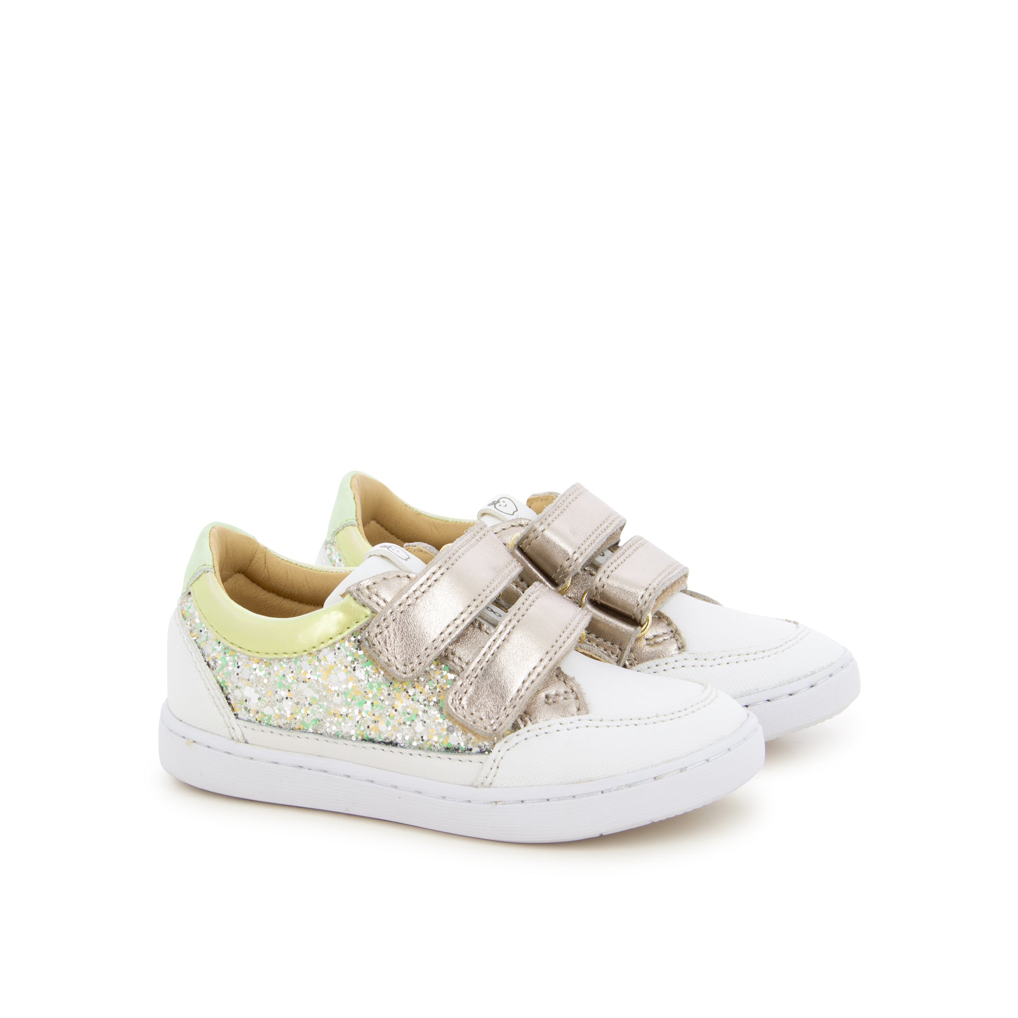 Espadrilles pour fille en cuir blanc avec détails pailletés et fermetures scratch métalliques