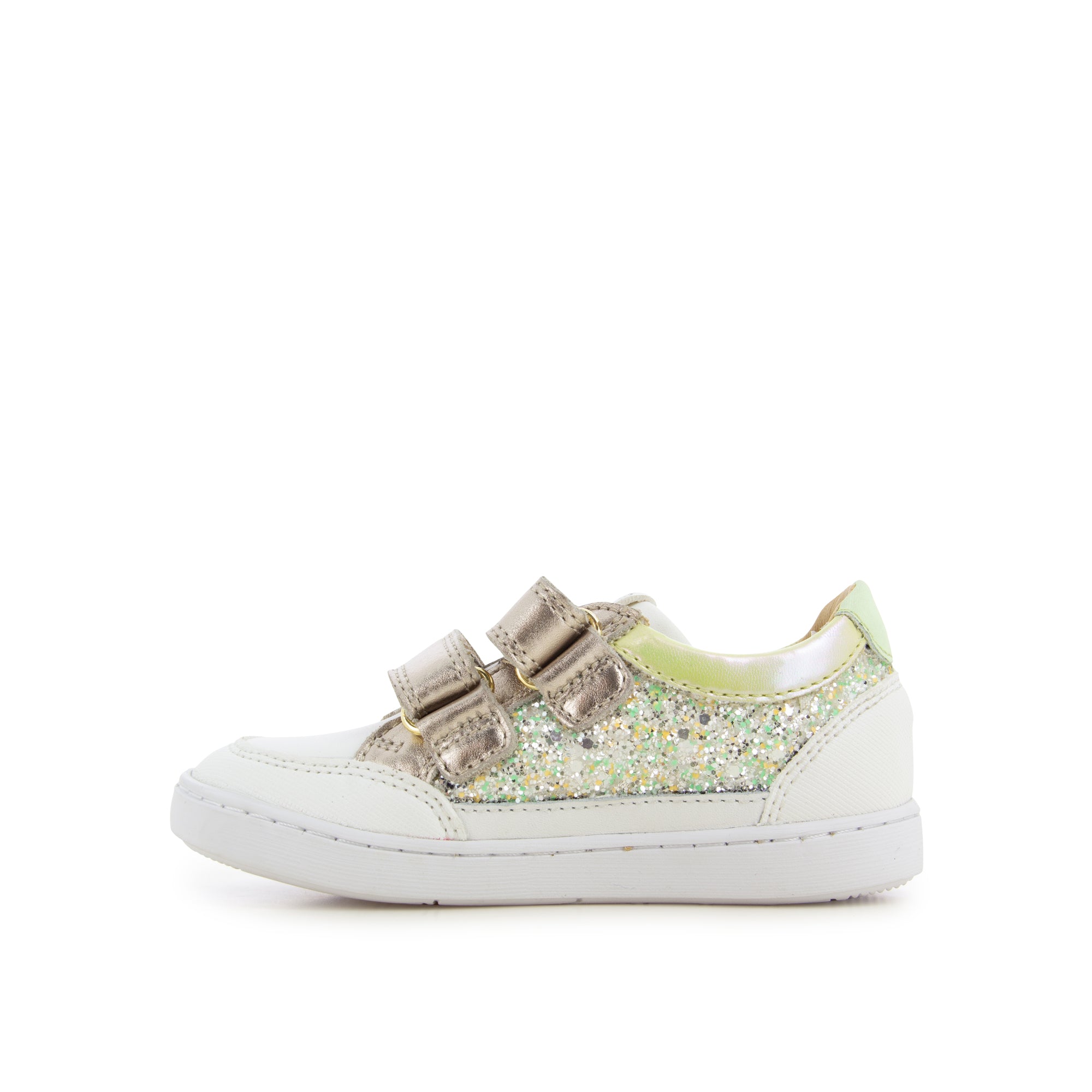 Chaussure fille en cuir blanc avec brillant sur le côté et deux velcro dorés