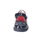 Ballerine pour enfant avec attache velcro, marine vernis, avec 3 brillants à l'avant. 