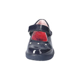 Ballerine pour enfant avec attache velcro, marine vernis, avec 3 brillants à l'avant. 