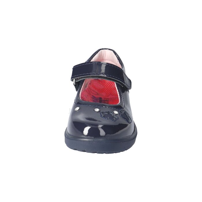 Ballerine pour enfant avec attache velcro, marine vernis, avec 3 brillants à l'avant. 